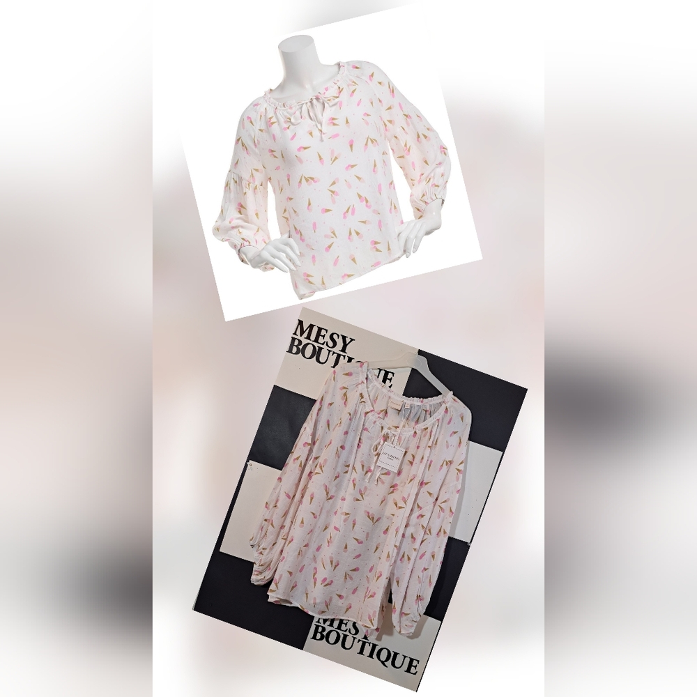 Plus Zac & Rachel Bracelet Sleeve Ice Cream Tie Neck Blouse White Sz 2X